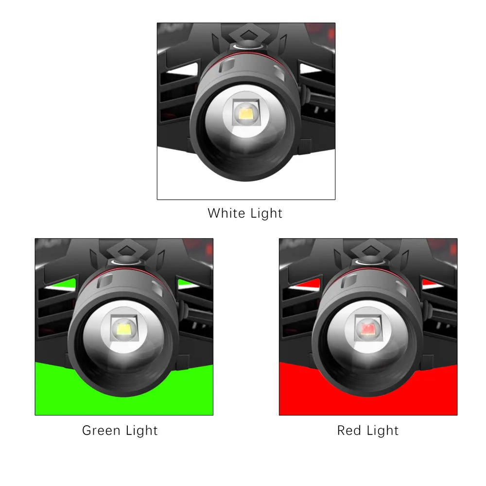 T6 LED zoom headlamp showing white, green, and red light modes with adjustable focus.