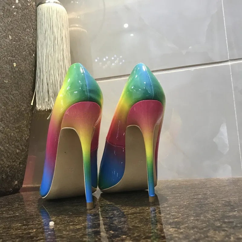 Rainbow patent leather women's high heels with pointed toe and ultra-high thin stiletto heel.