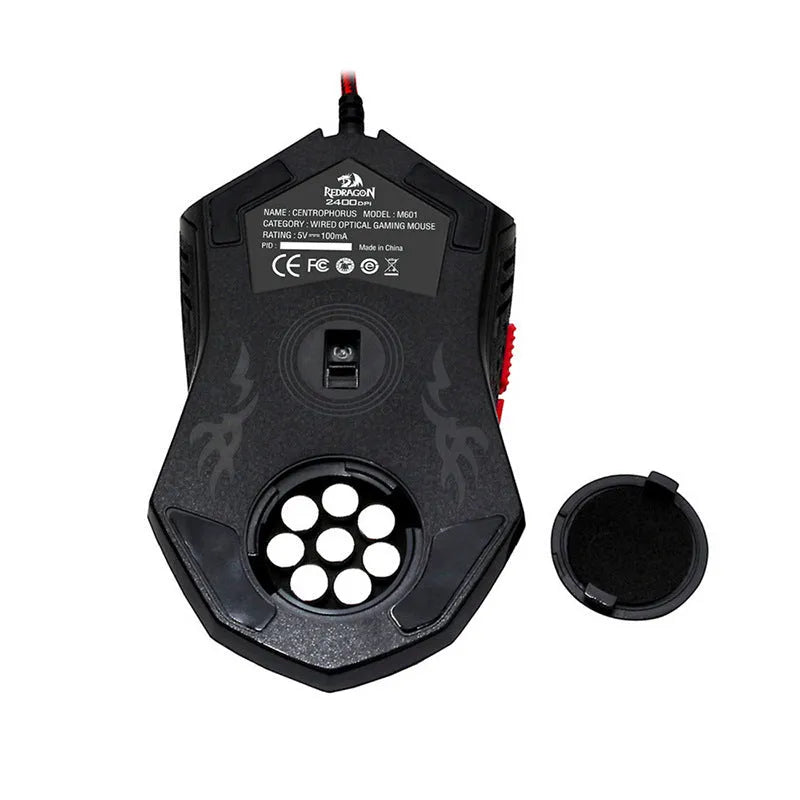 Black and red wired USB gaming mouse with six buttons and scroll wheel on a desk.