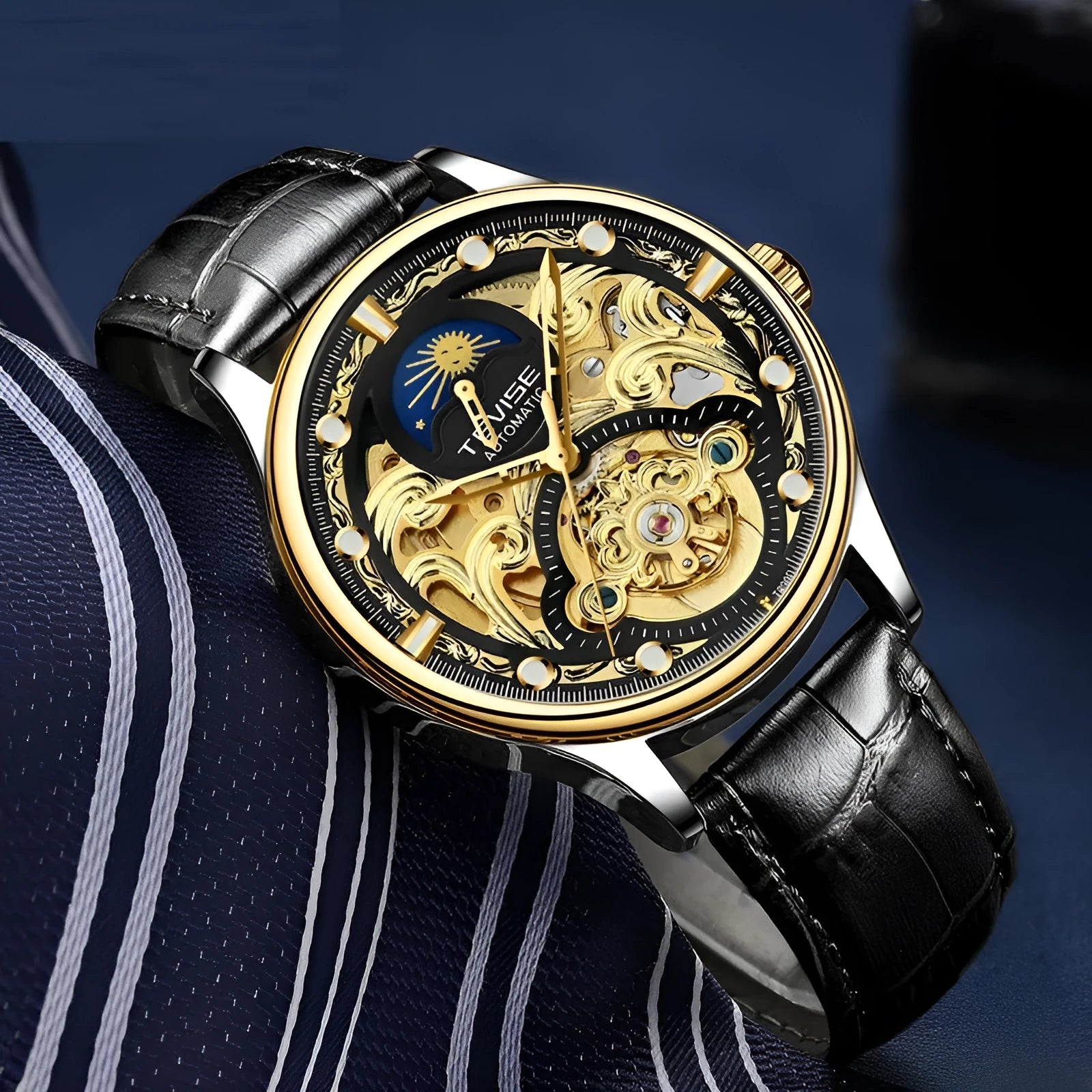 Men's gold leather strap automatic mechanical watch with 16mm waterproof case