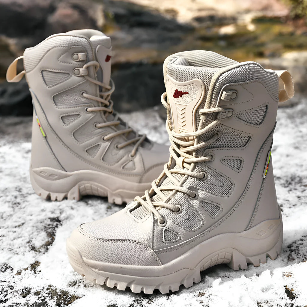 Cowhide leather hi-top hiking shoes in beige, black, and brown colours with platform soles
