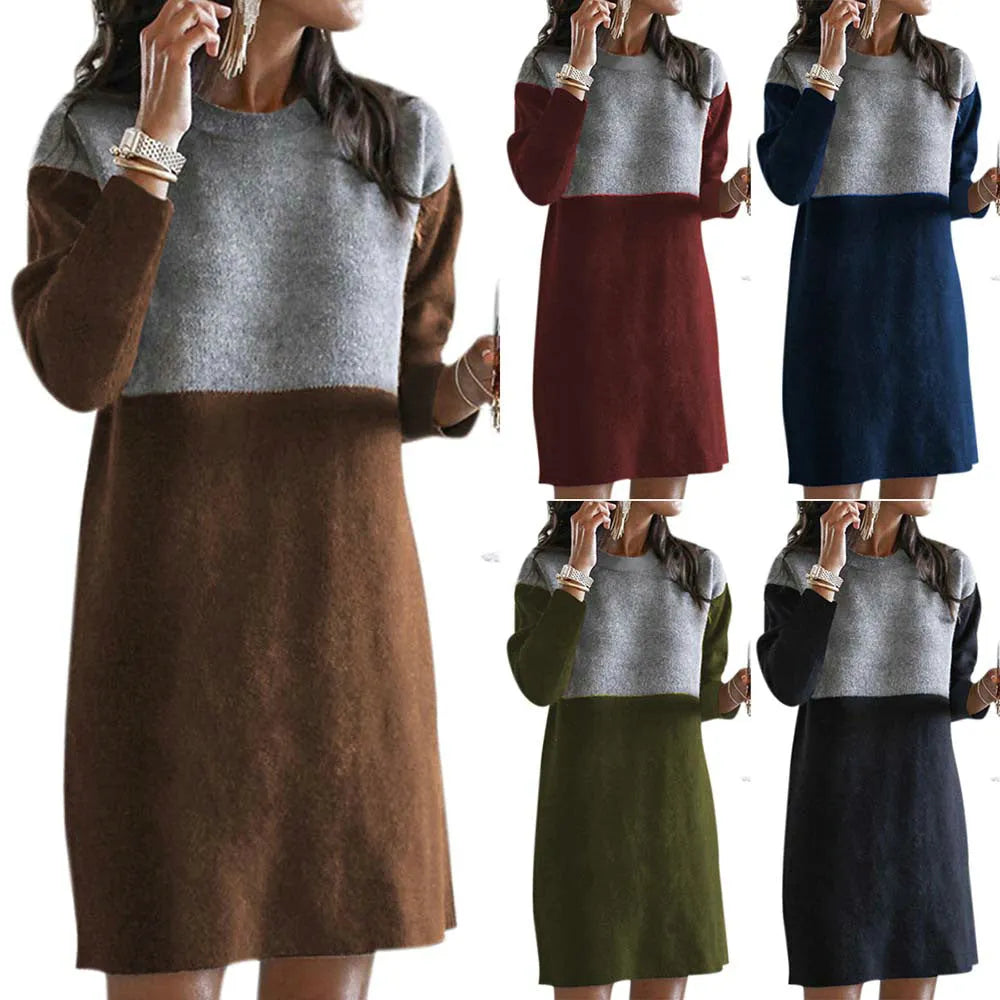 Brown women's polar fleece patchwork dress with long sleeves and round neck in retro princess style