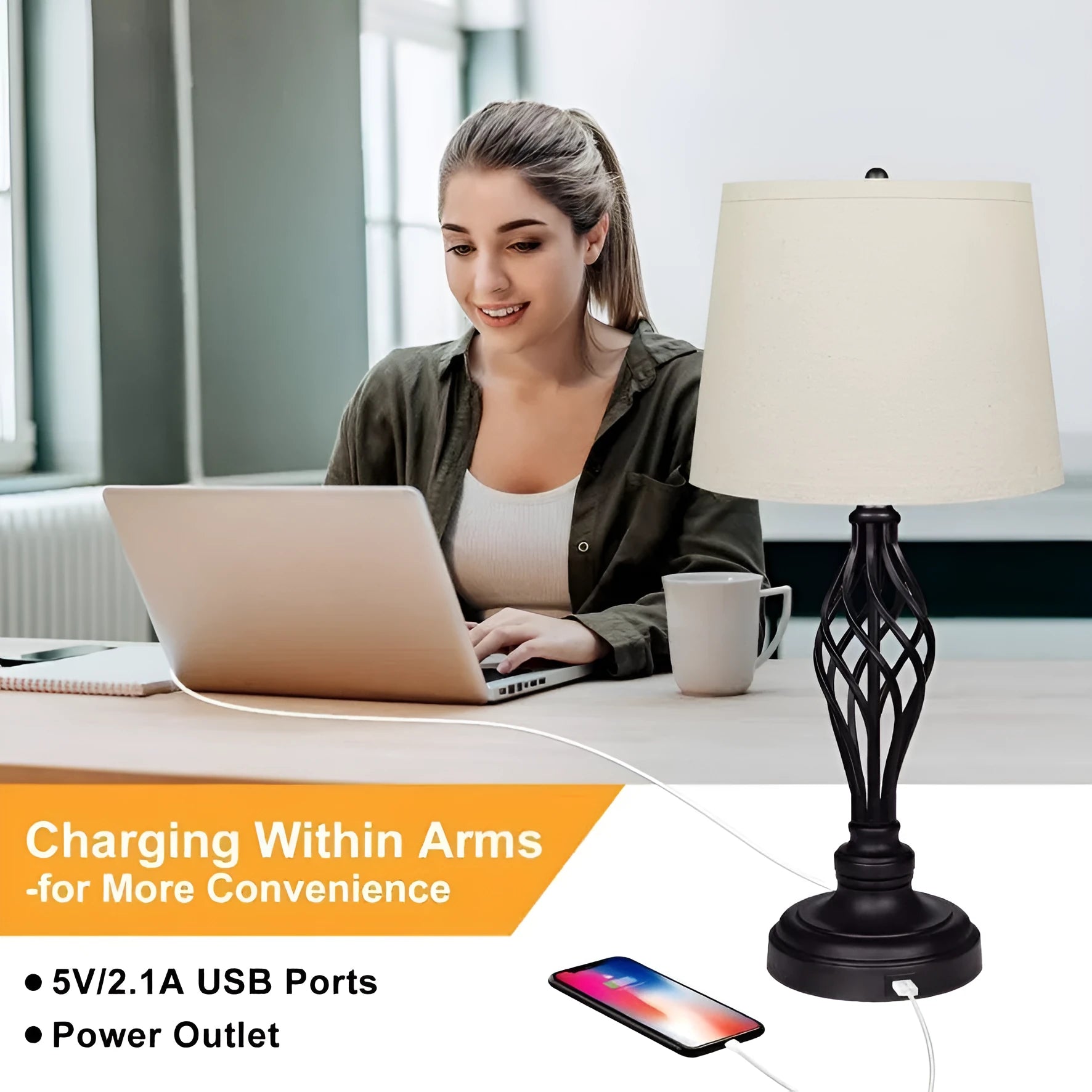 European style alloy touch sensing bedside table lamp with USB charging port and cold warm dimmable light
