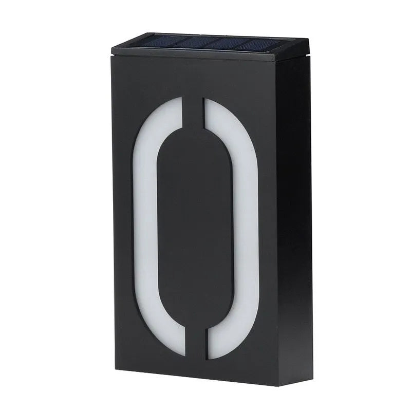 Solar powered white LED house number light mounted on a wall with IP65 waterproof rating