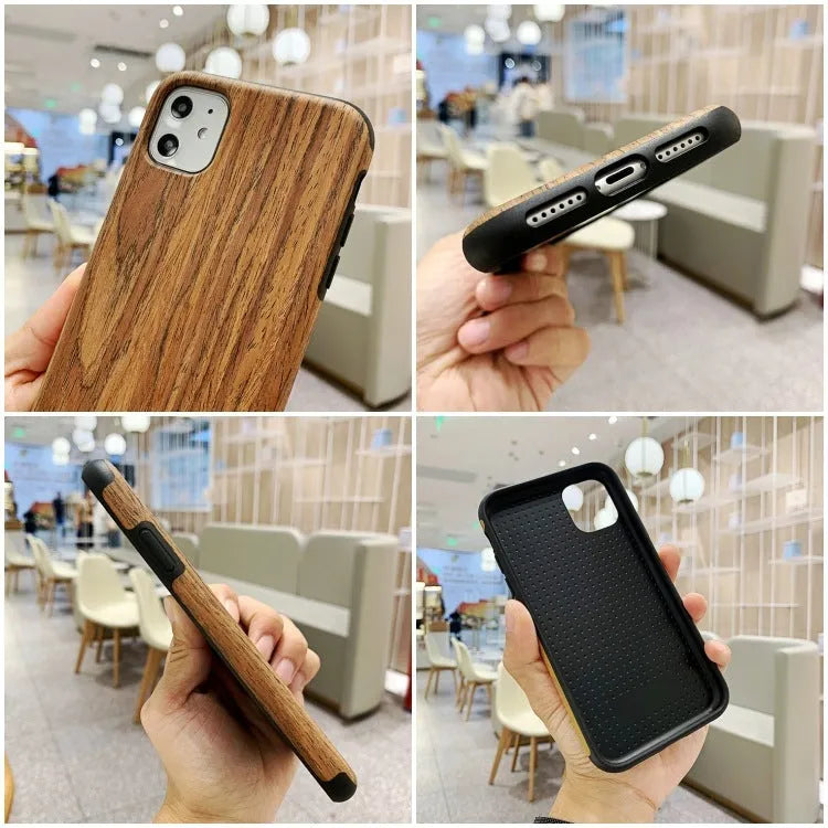 Wooden iPhone back cover case in rosewood finish showing precise cutouts for camera and ports.