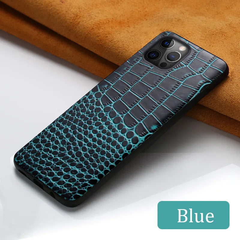 Handmade leather iPhone case featuring a crocodile pattern texture in black, red, brown, or blue.
