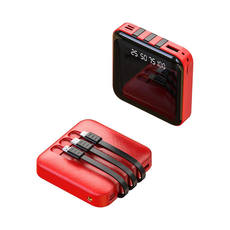 Black and red portable power bank with built-in charging cable, showing compact size