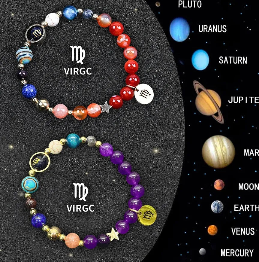Two natural stone beaded bracelets for zodiac signs on a neutral background.