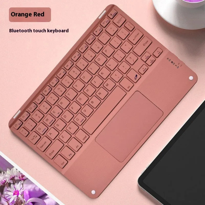 Square hat touch wireless Bluetooth keyboard in assorted colours on a desk.