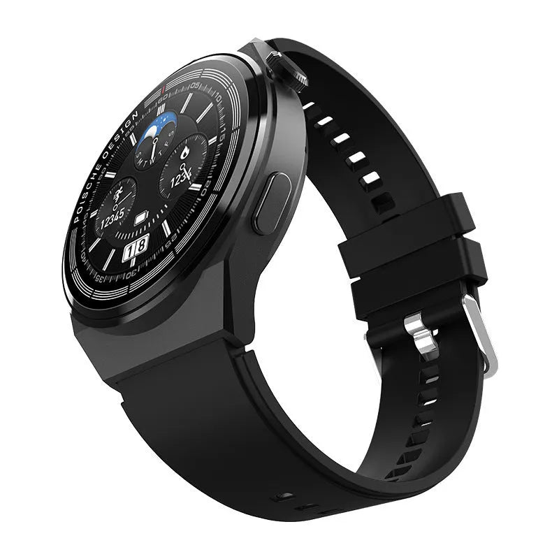 Black Bluetooth smartwatch with 1.39 inch screen showing NFC and blood sugar monitor features
