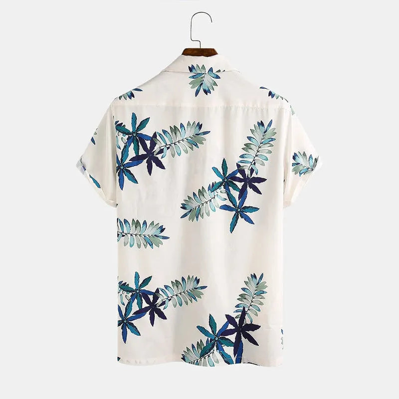 White casual printed cotton shirt with lapel collar and short sleeves, loose fit