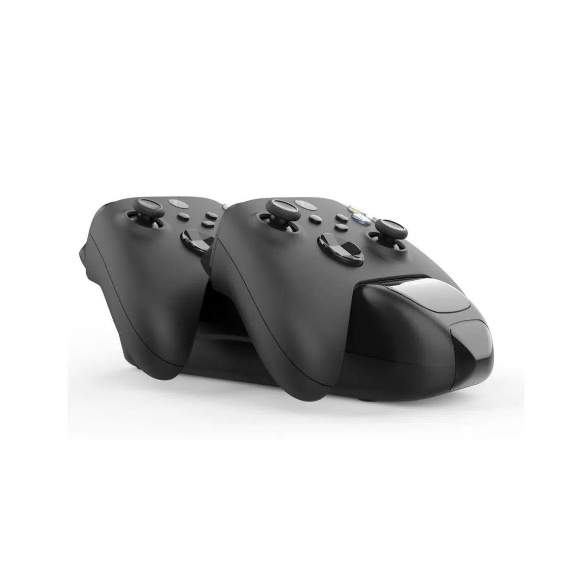Black wireless charging dock for two Xbox Series X controllers with LED lights