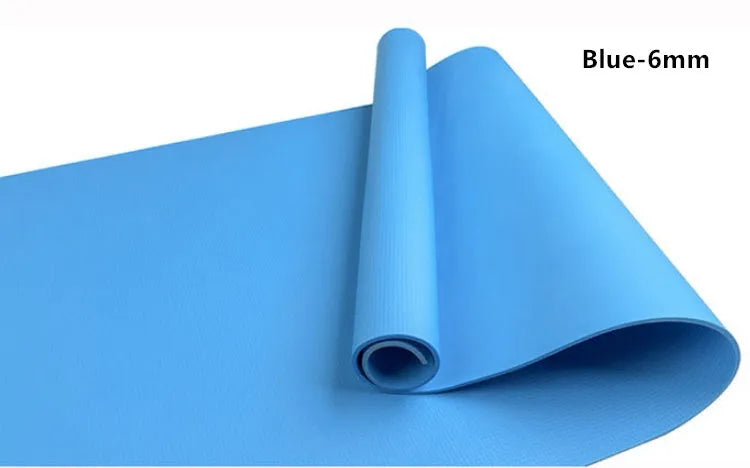 EVA yoga mat in red showing rolled and flat positions, demonstrating 4mm and 6mm thickness options.