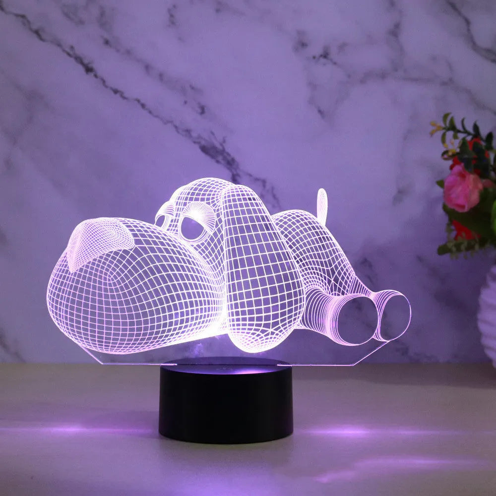 3D illusion dog desktop lamp showing colour changing options including red, green, blue, yellow, cyan, purple, and white