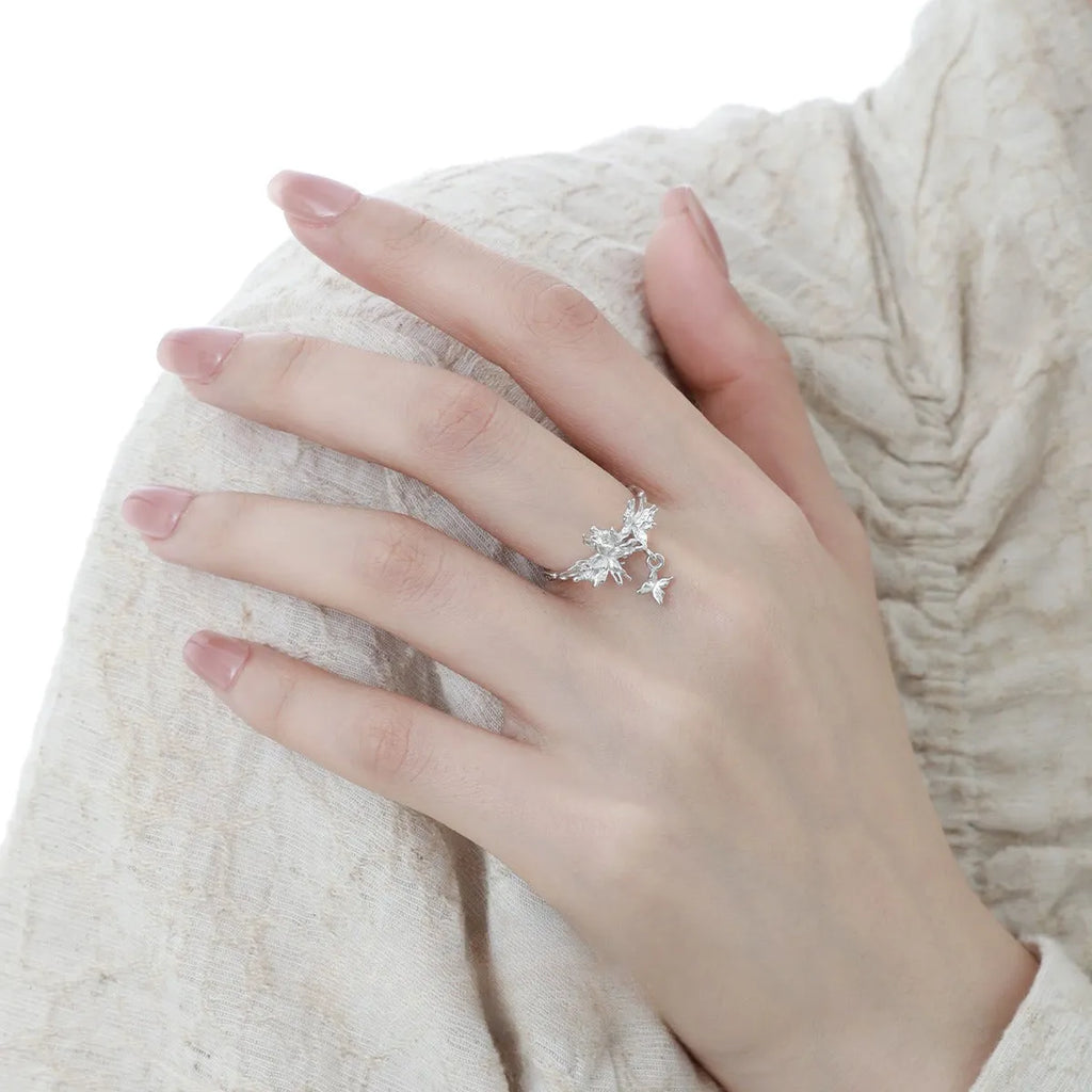 Silver adjustable butterfly ring with electroplated white gold or 18K gold finish