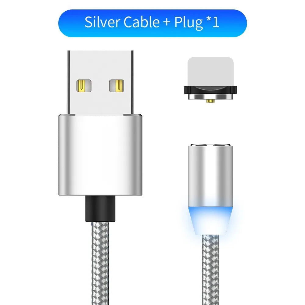YBD black magnetic LED charging cable with cotton weave, aluminium shell, and LED light shown next to a smartphone.