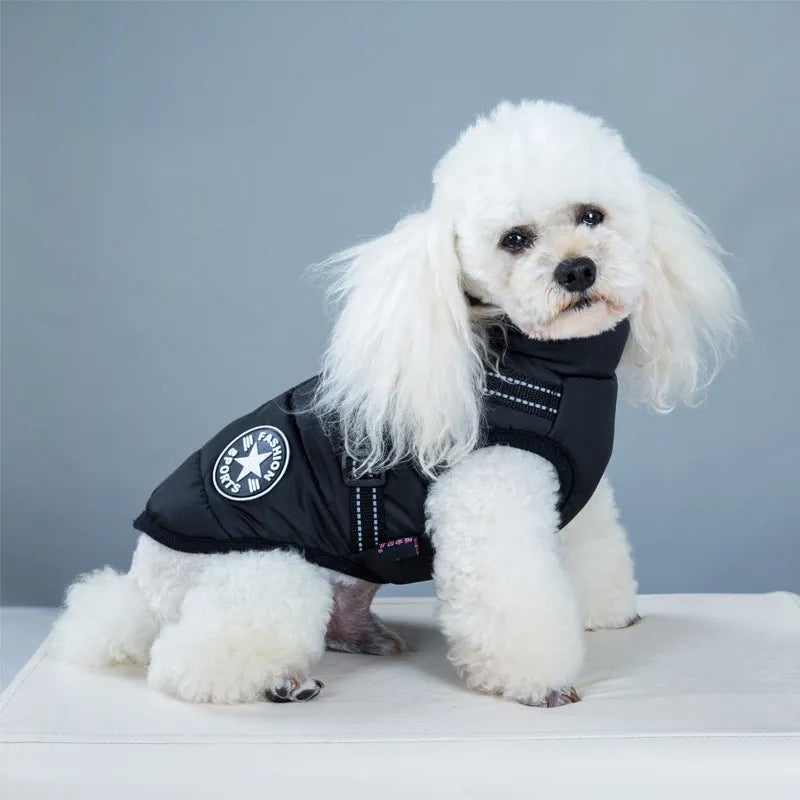 Waterproof dog coat with integrated harness in rain silk fabric, available in multiple sizes and colours