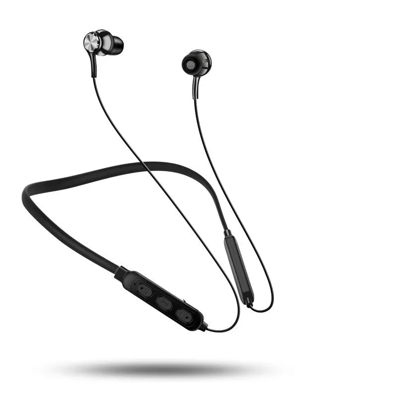 Neckband sports Bluetooth earphones in black, red or white colours showing ear tips and USB charging cable