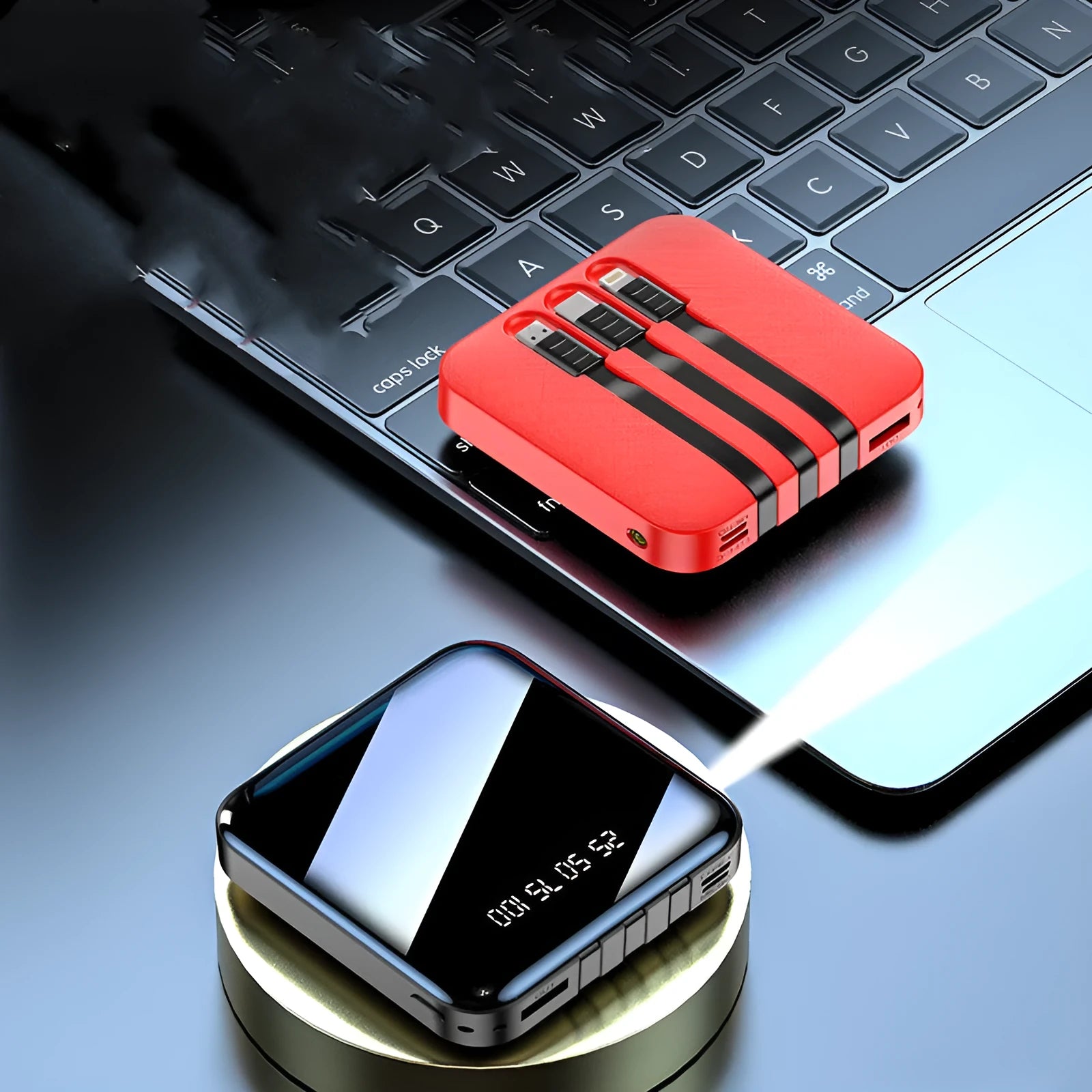 Black and red portable power bank with built-in charging cable, showing compact size