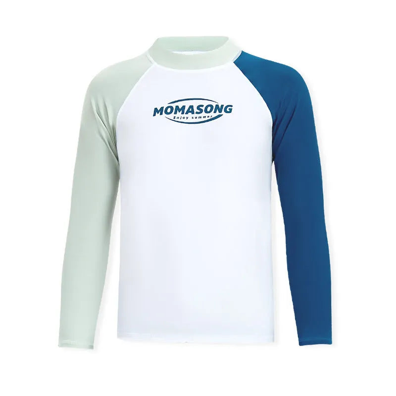 Men's white long sleeve swim top and matching swim trunks set on a mannequin