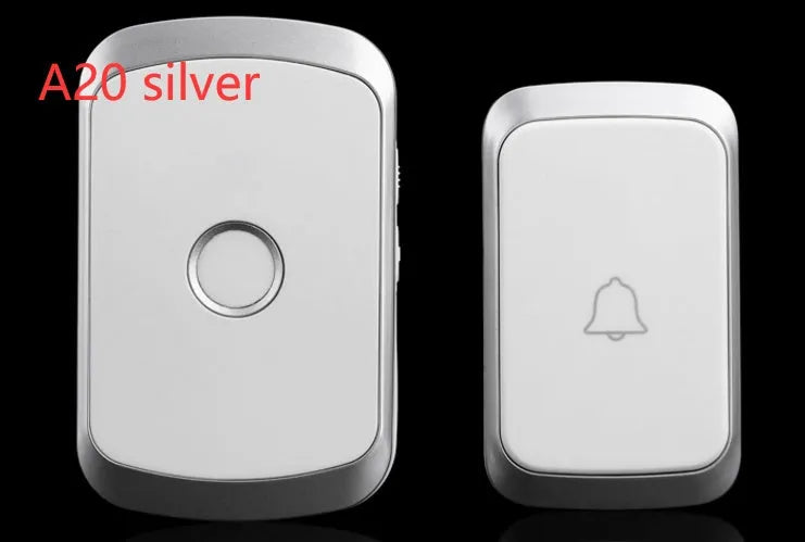 Wireless doorbell system with plug-in receiver and battery transmitter showing black, white, gold, and silver colour options