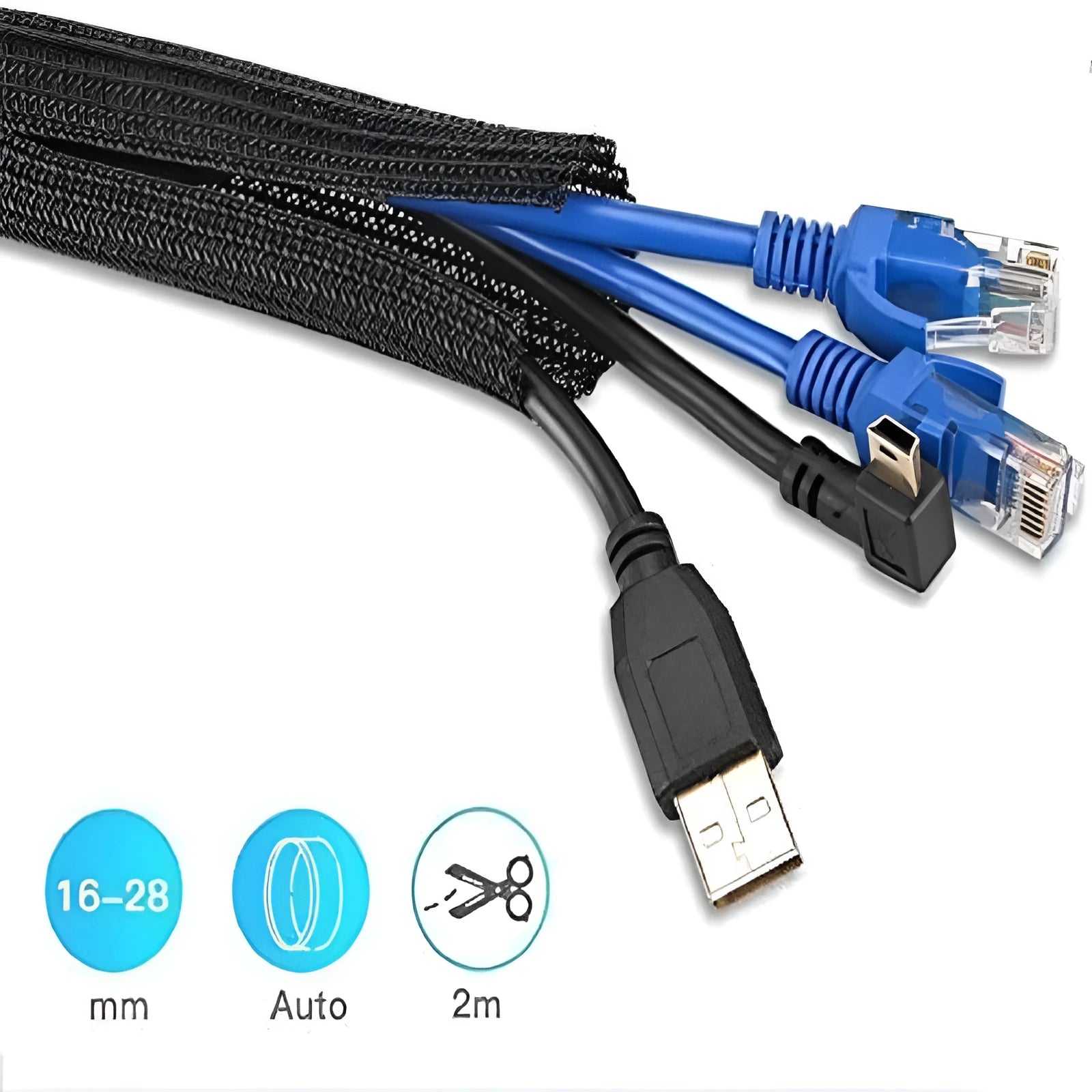 Black self-winding mesh sleeve for automotive wire protection with multiple diameter options
