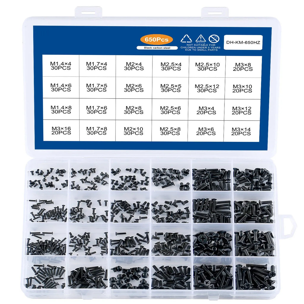 Black countersunk head laptop screws with cross groove, showing diameter and length scale.