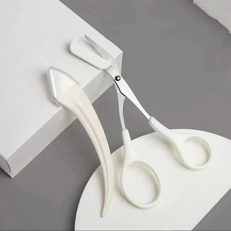 Curved moon eyebrow trimming knife set with comb in stainless steel and plastic