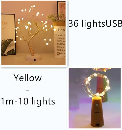 Silver copper wire LED string lights wrapped around a wine bottle with bottle stopper