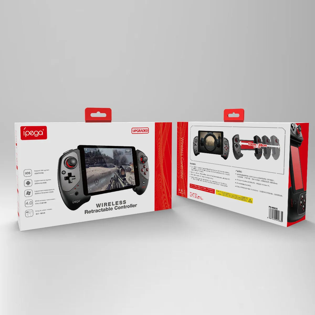Red telescopic Bluetooth gamepad holding a smartphone, with a USB cable for PC connection.