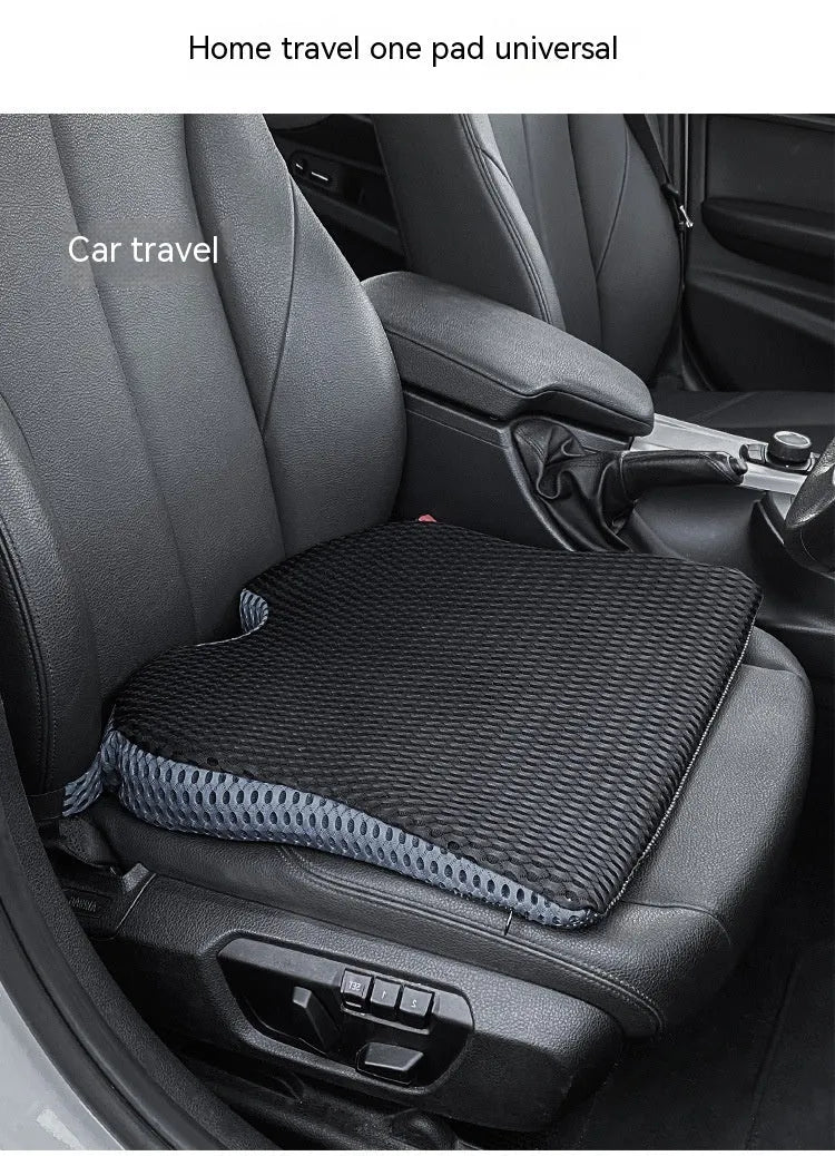 Memory foam seat cushion with strap fastening in black, grey, or milky white for car and office chairs.