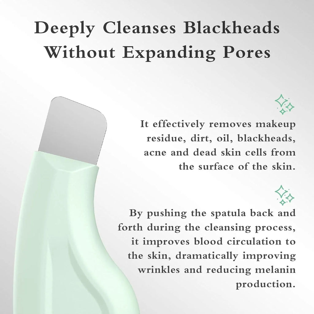 Stainless steel facial blackhead scraper tool with a black silicone non-slip handle.