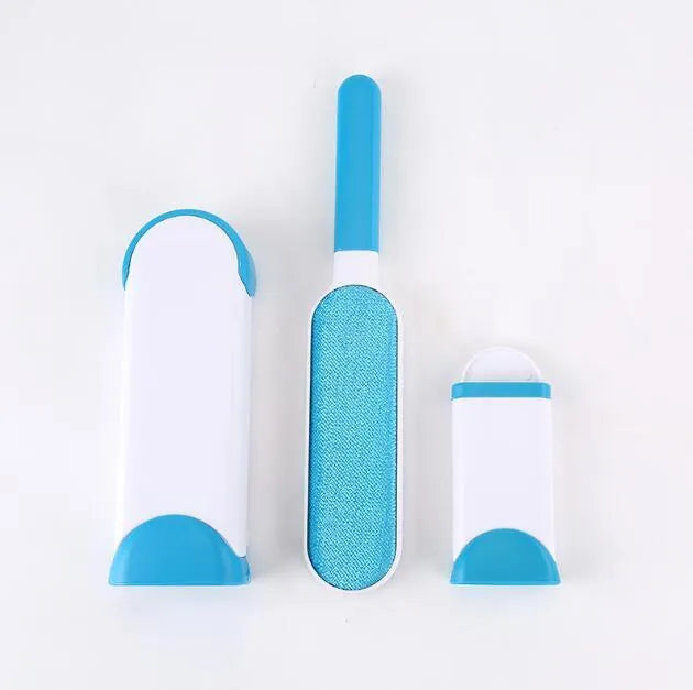 Blue reusable pet hair removal brush with self-cleaning base for furniture and clothing