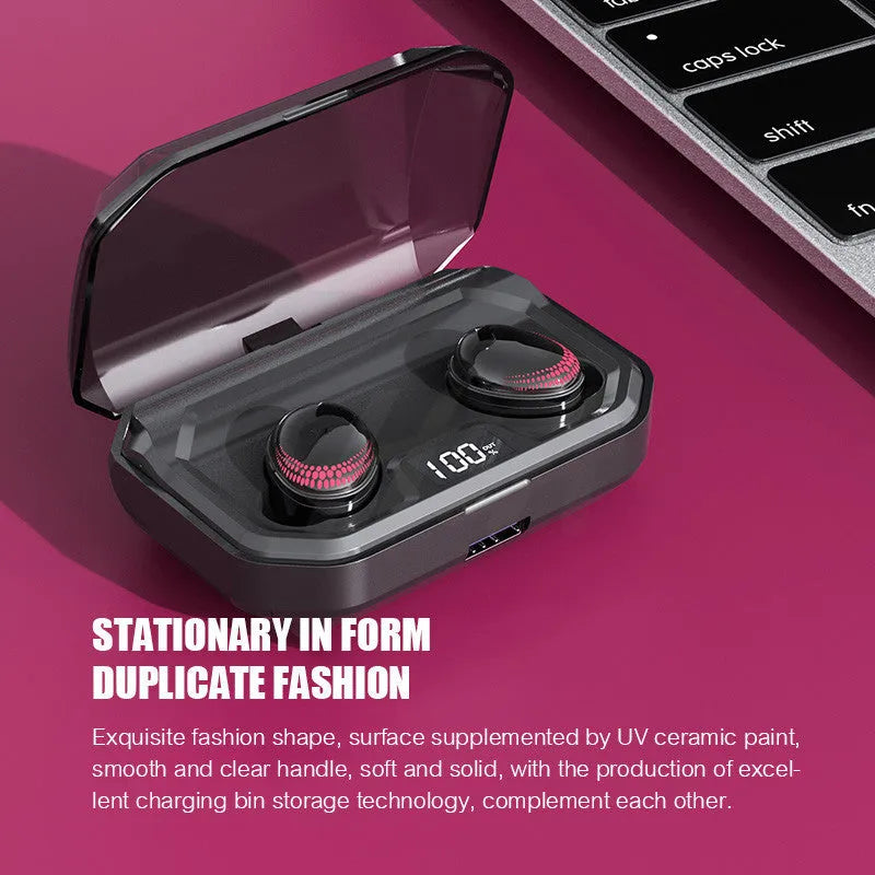 Black X10 Bluetooth wireless headset with its matching charging case on a white background.