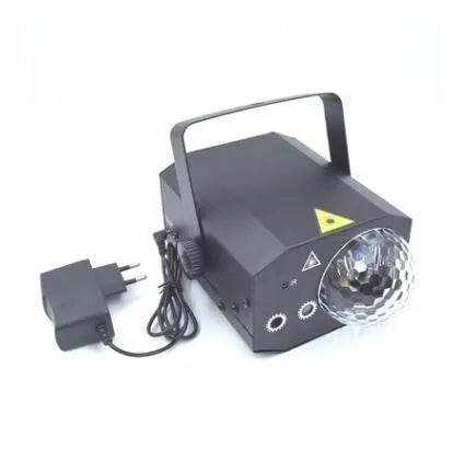 Black and white LED laser magic fan stage light with remote control on a dark background.
