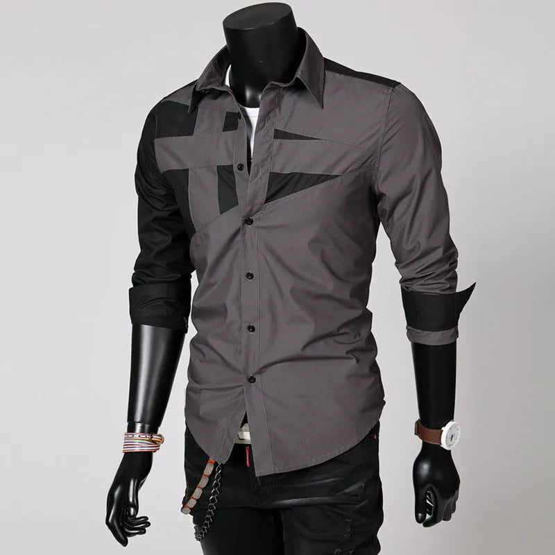 Men's long sleeve cotton shirt in three colours black dark grey white with size chart