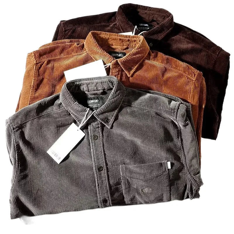 Long sleeve corduroy shirt in loose Japanese Hong Kong streetwear cardigan style