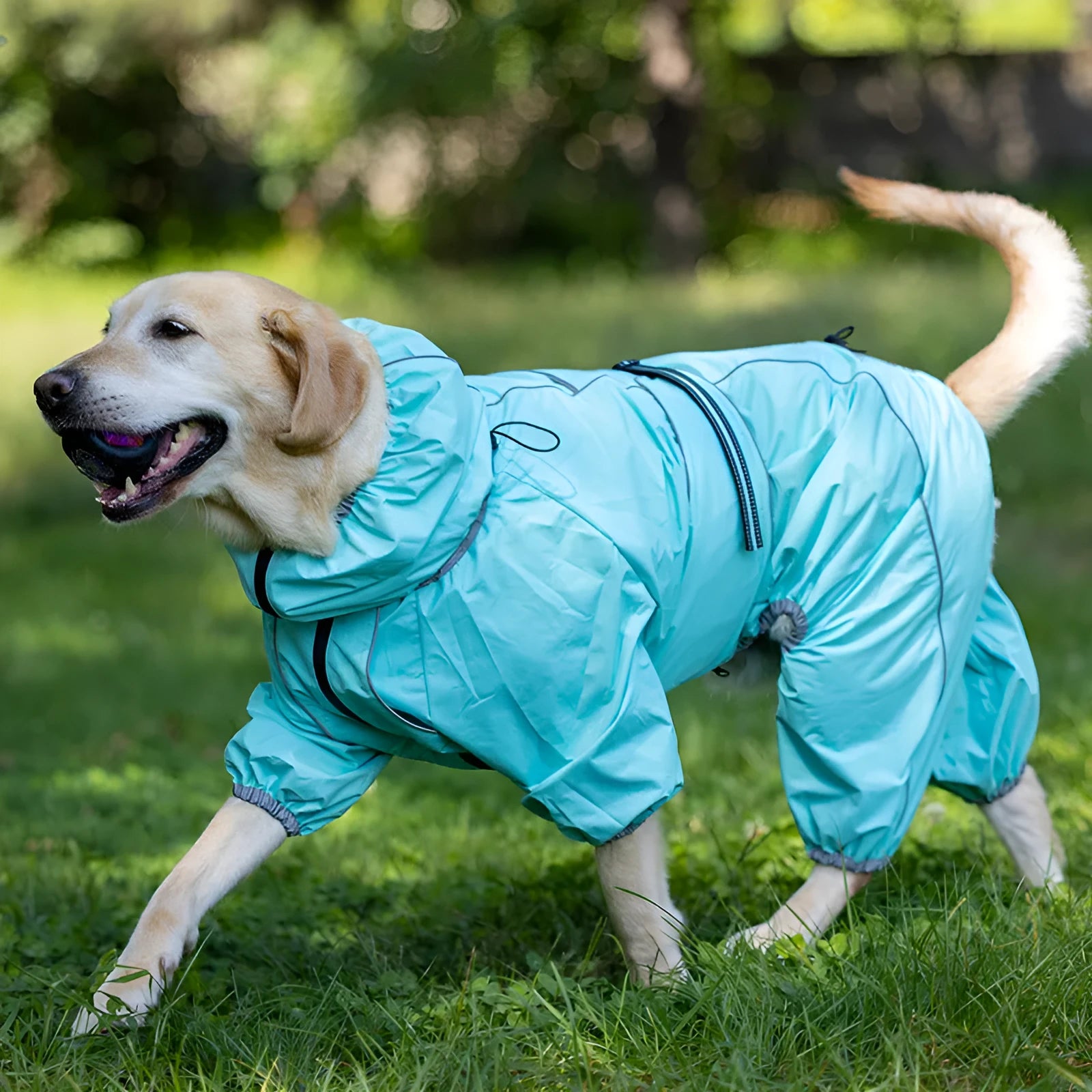 Dog wearing a padded polyester dog jacket in a sports-style design, available in multiple colours and sizes from M to XXXXL