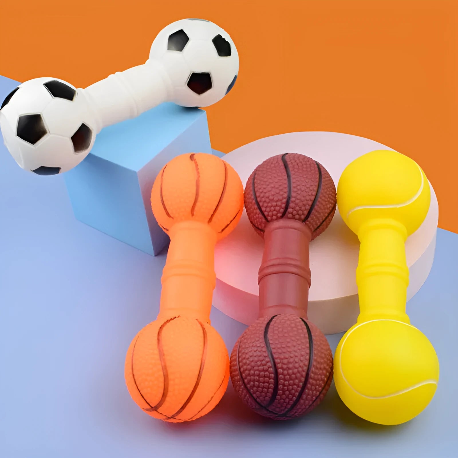 PVC football dumbbell shaped dog toy with squeaker in brown, orange, white and yellow colours