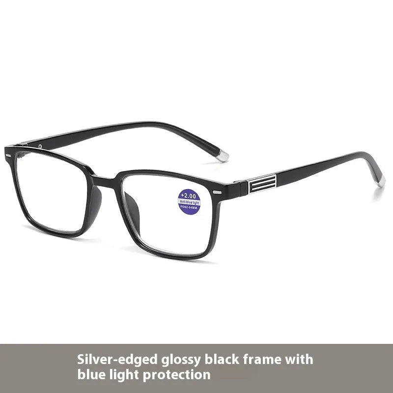 Multifocal reading glasses with photochromic blue light filtering lenses in various frame styles
