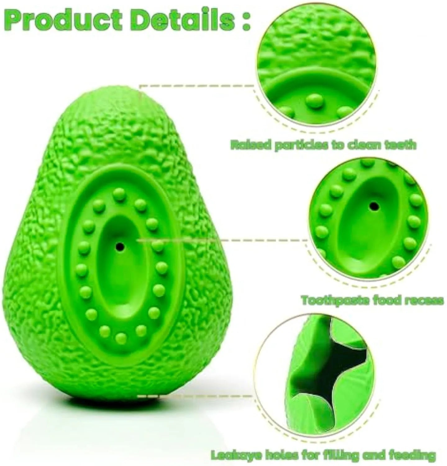 Green natural rubber dog chew toy with avocado shape and textured surface for aggressive chewers