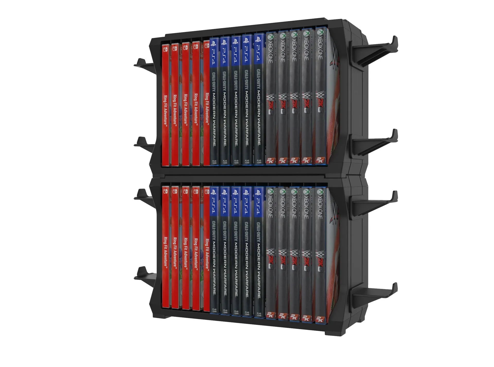 Black PS5 disc holder stand storing game discs and four controllers