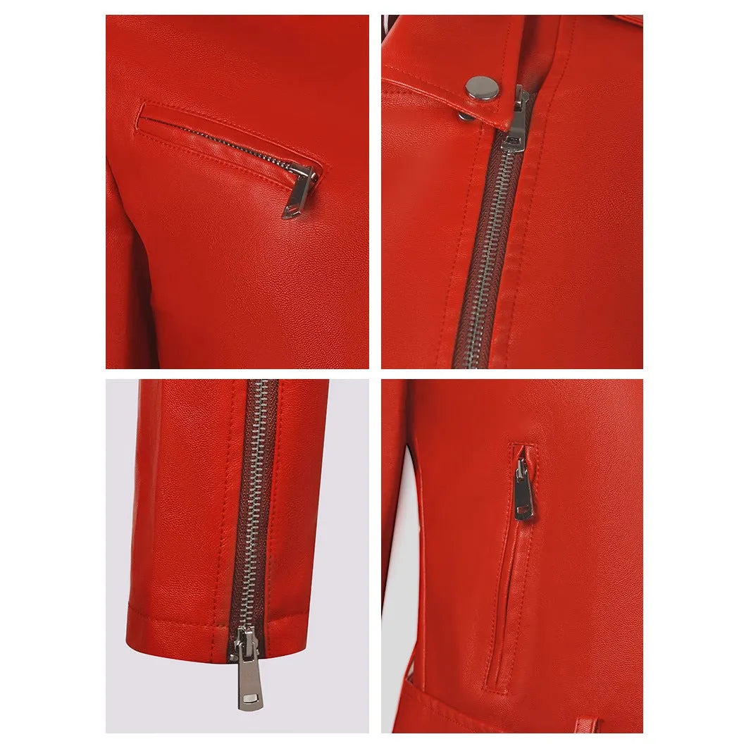 Women's black PU leather motorcycle jacket with lapel collar and a short waist belt.