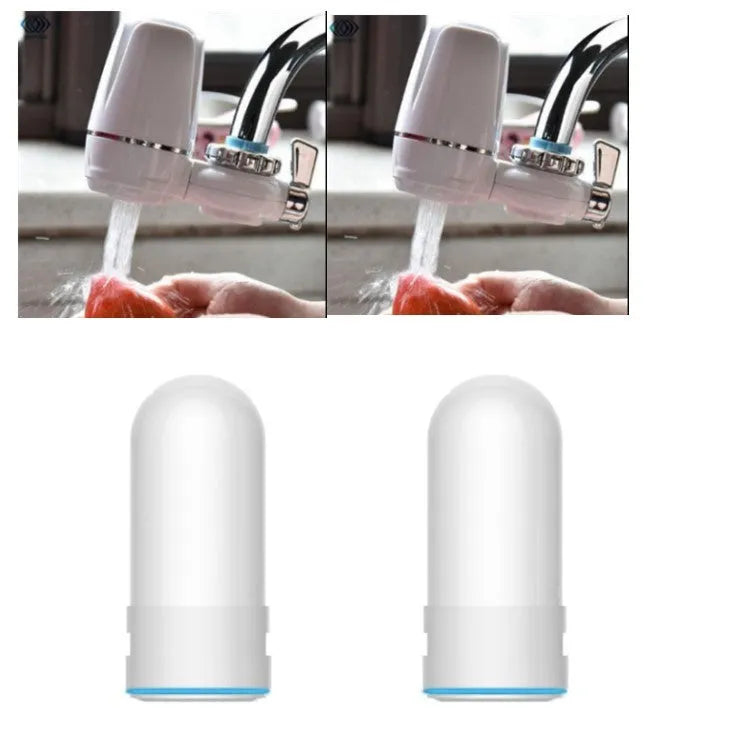 White plastic kitchen tap water filter with ceramic cartridge and installation adapters