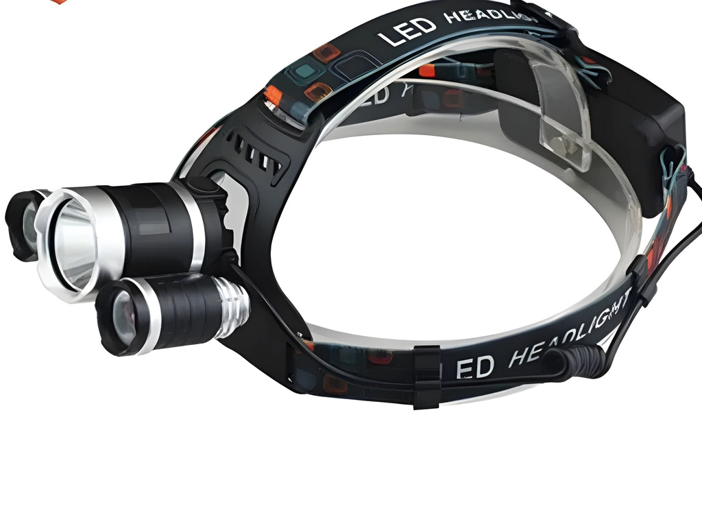 Rechargeable aluminium LED headlamp with adjustable headband and 18650 battery.