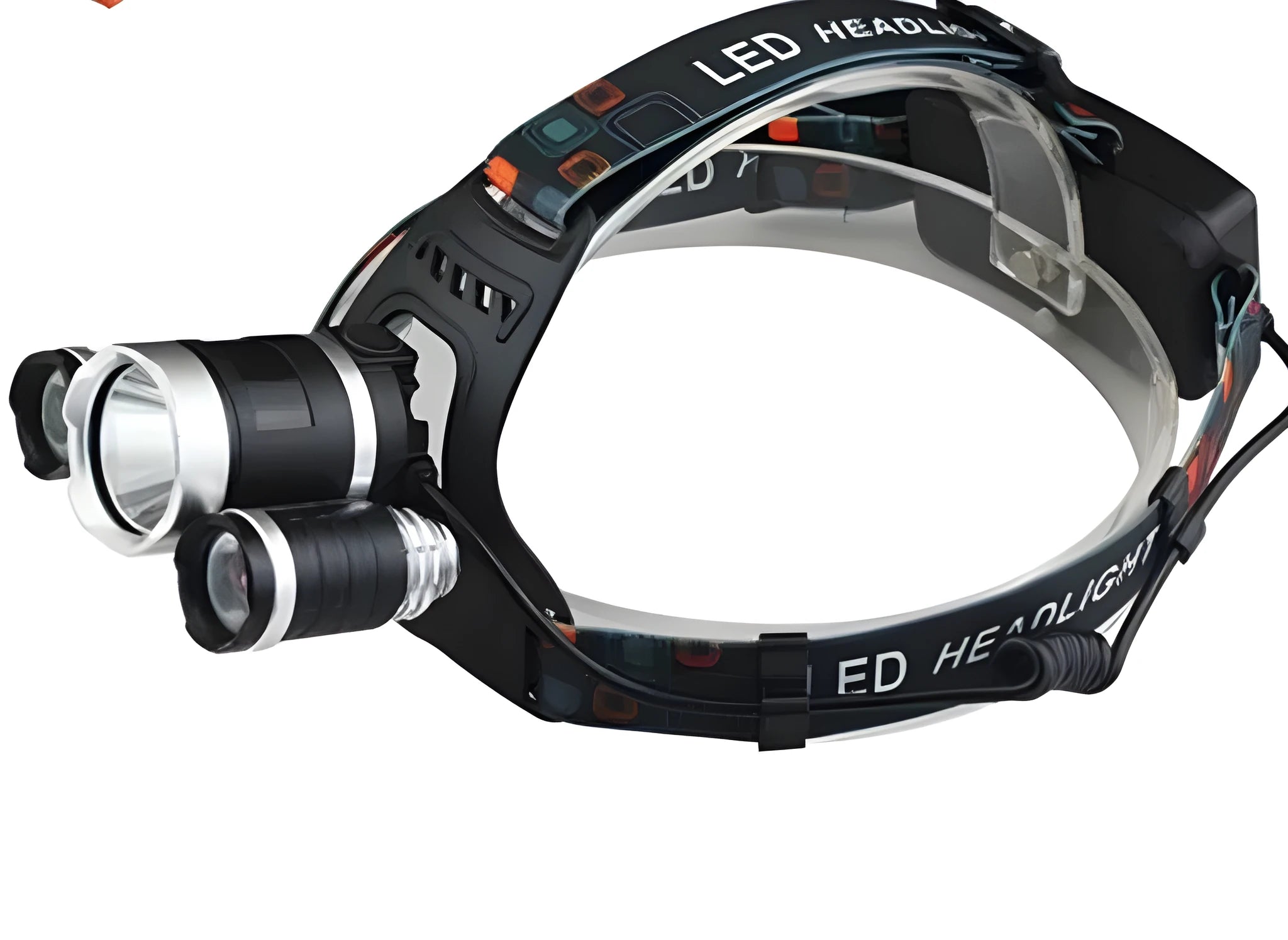 Rechargeable aluminium LED headlamp with adjustable headband and 18650 battery.