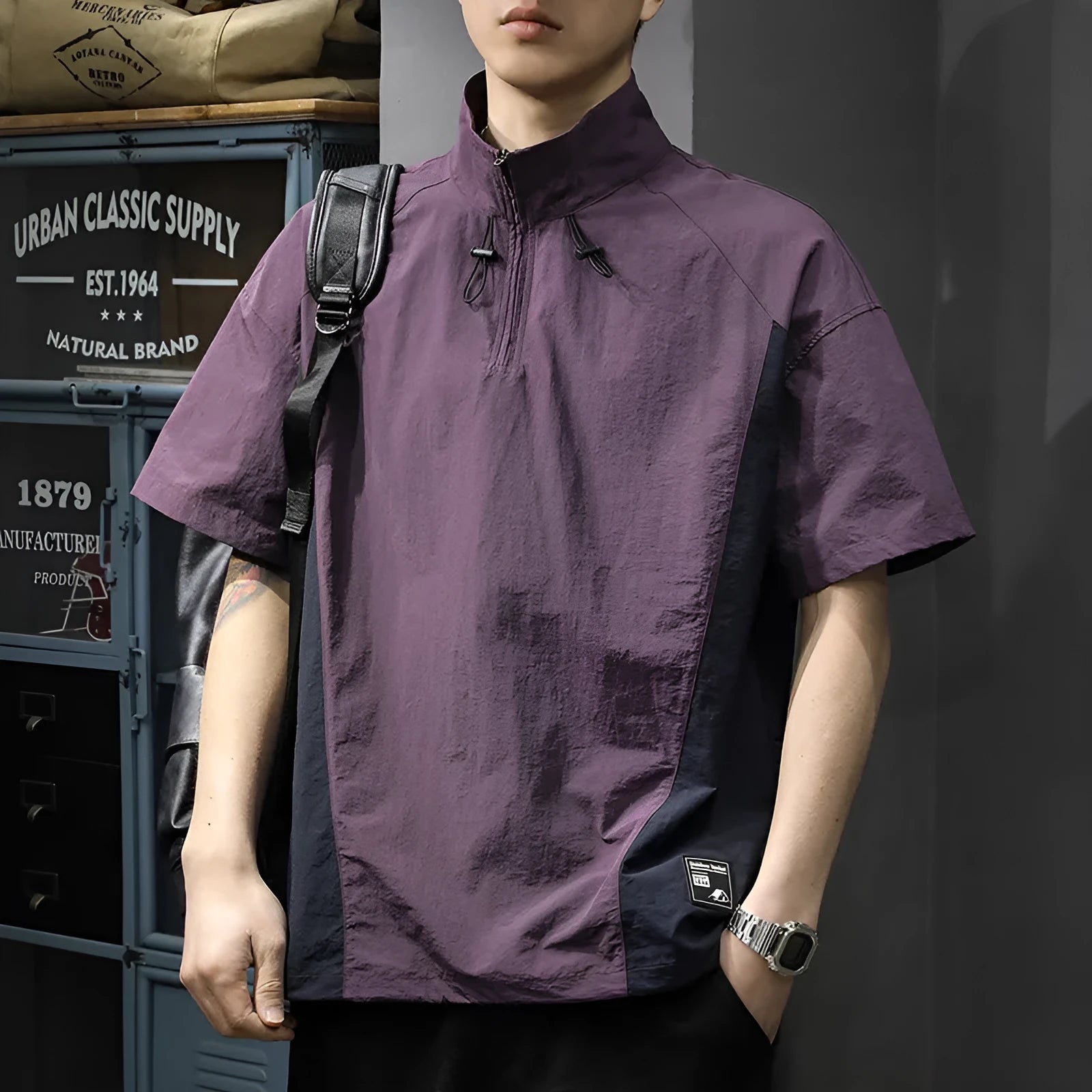 Men's brown Ice Silk business shirt with half-zip stand collar and short sleeves