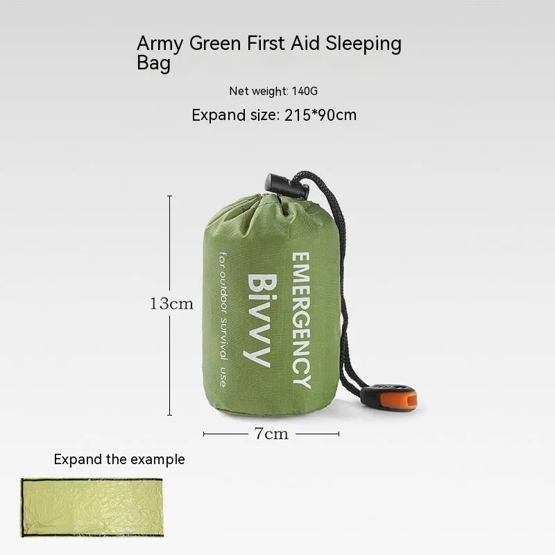 Portable orange emergency tent with sleeping bag and whistle for disaster relief camping
