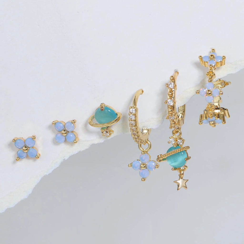 Floral ear studs with zircon accents in gold or silver finish, Japanese Korean style design