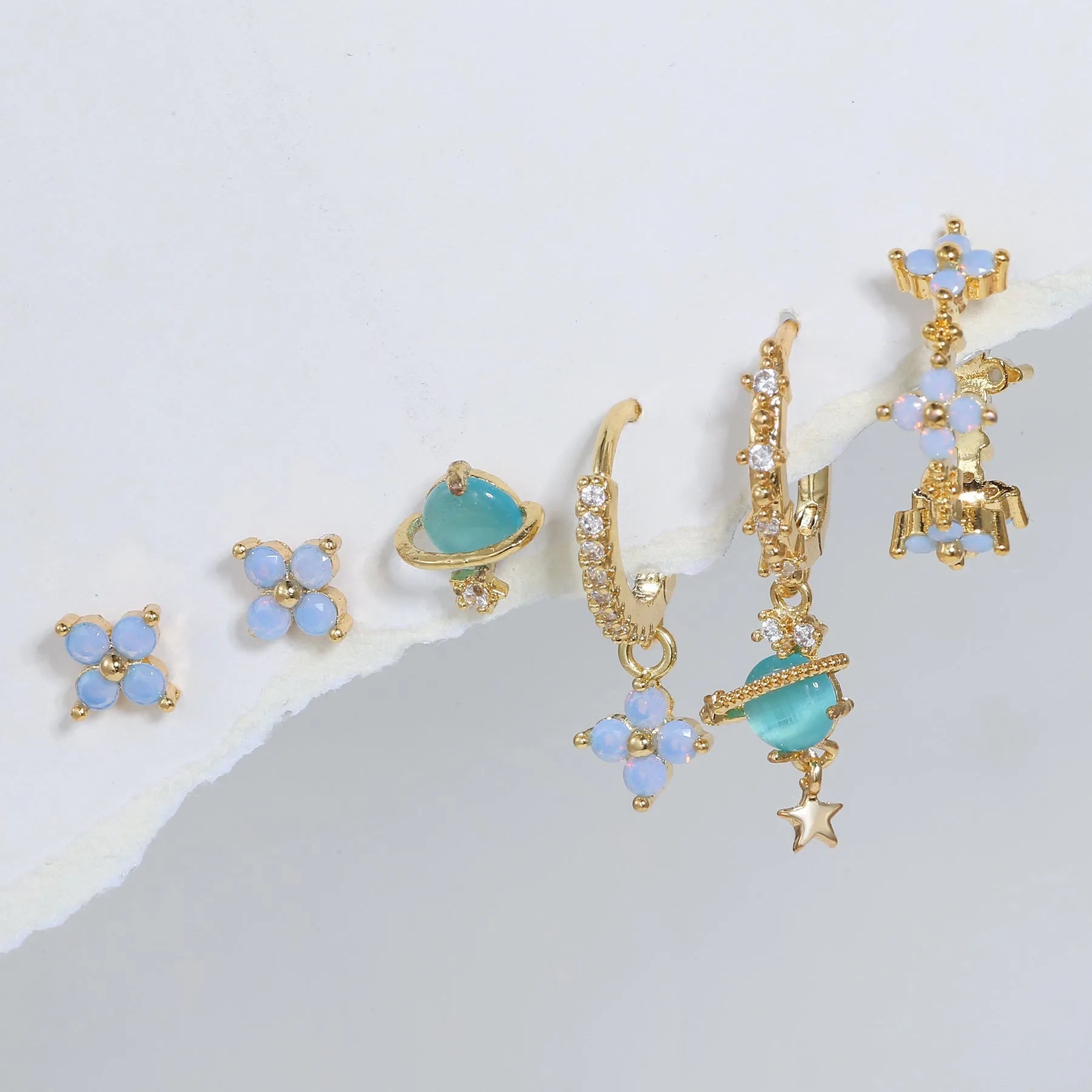 Floral ear studs with zircon accents in gold or silver finish, Japanese Korean style design